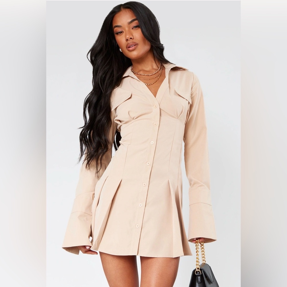 PrettyLittleThing Stone Poplin Pleated Flared Sleeve Shirt Dress